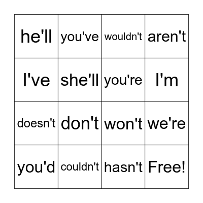 Contractions Bingo Card