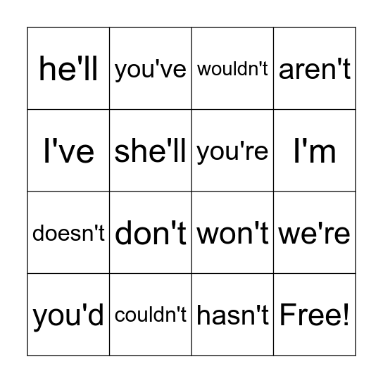 Contractions Bingo Card