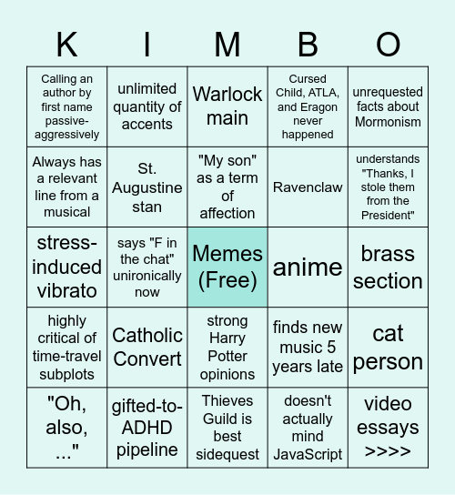 Kimberly Bingo Card
