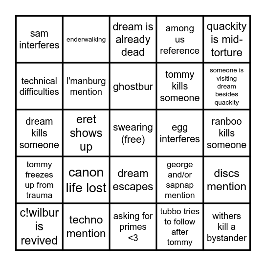 Prison Break To Kill Dream Stream Bingo <3 Bingo Card