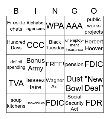 The Great Depression Bingo Card