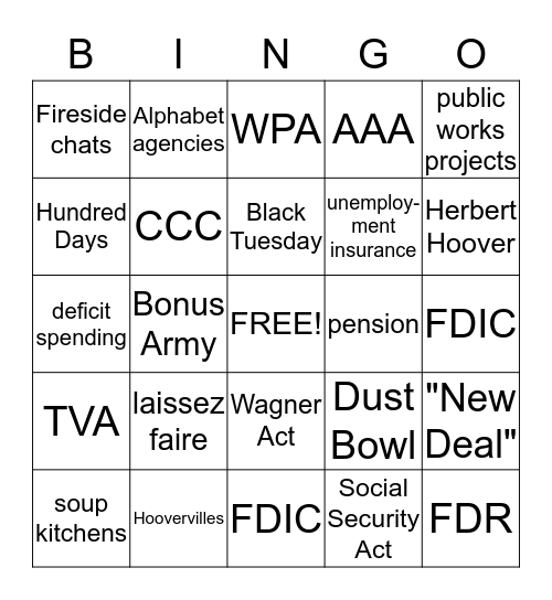 The Great Depression Bingo Card