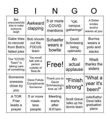 Student Life Meeting Bingo 4/28 Bingo Card
