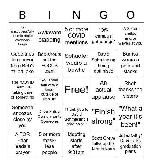 Student Life Meeting Bingo 4/28 Bingo Card