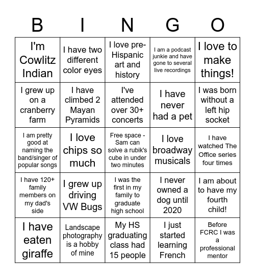 FCRC Bingo Card