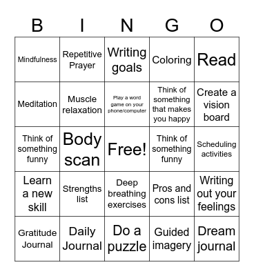 Coping Skills BINGO Card