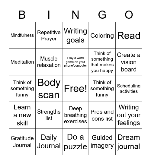 Coping Skills BINGO Card