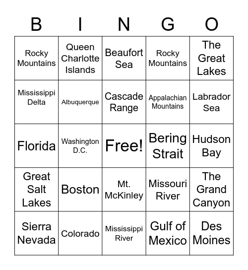 UNITED STATES BINGO Card