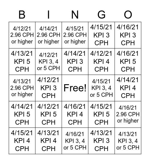 CPH April 12th - 16th Bingo Card