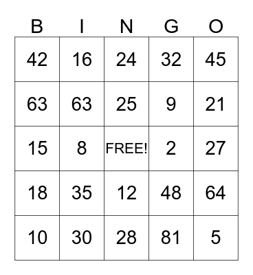 Multiplication Bingo Card