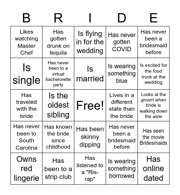 Bride Bingo Card