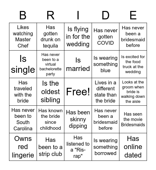 Bride Bingo Card