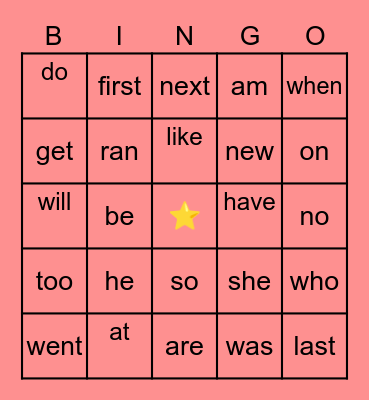Sight Words Bingo Card
