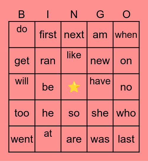 Sight Words Bingo Card