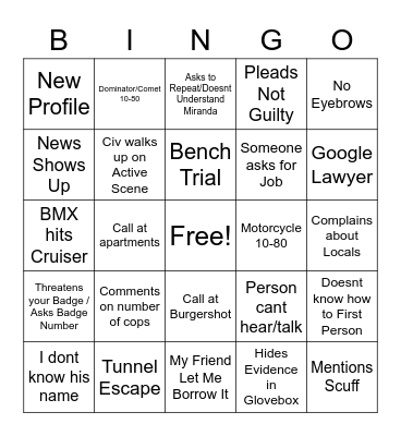 NoPixel 3.0 Cop Bingo Card