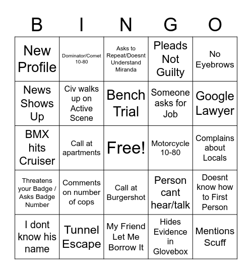 NoPixel 3.0 Cop Bingo Card