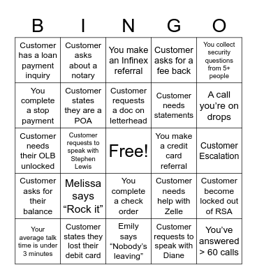 Contact Center Bingo Card