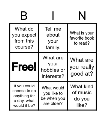 Tell me about you Bingo Card