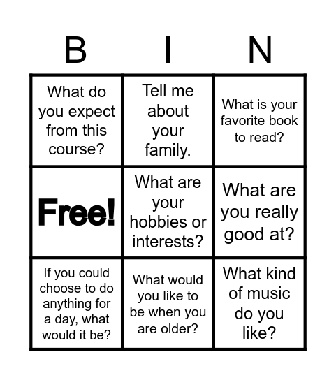 Tell me about you Bingo Card