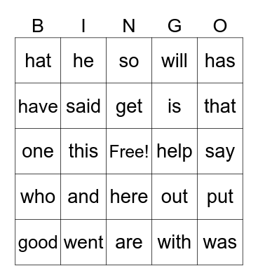 Sight Words Week 2 Bingo Card