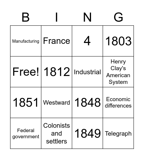 Period 4: 1800-1848 Bingo Card