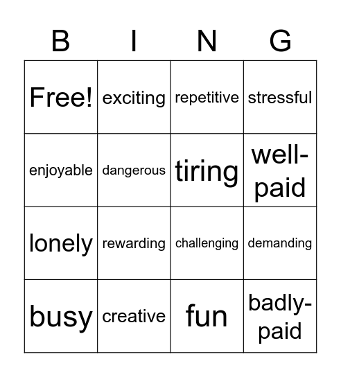 Adjectives Bingo Card