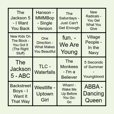 Prince Music Bingo: Girl Groups / Boy Bands Bingo Card