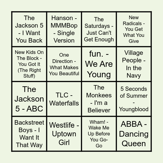 Prince Music Bingo: Girl Groups / Boy Bands Bingo Card