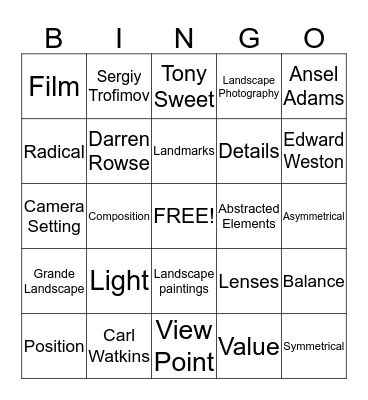 Landscape Photography Bingo Card
