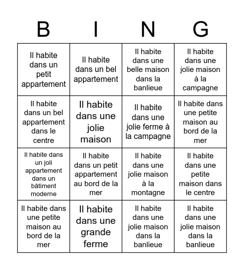 Là où il habite: BINGO Card