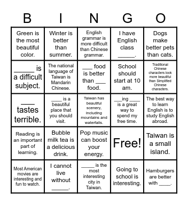 Grade 6 Speaking Class Bingo Card