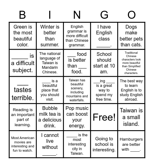 Grade 6 Speaking Class Bingo Card