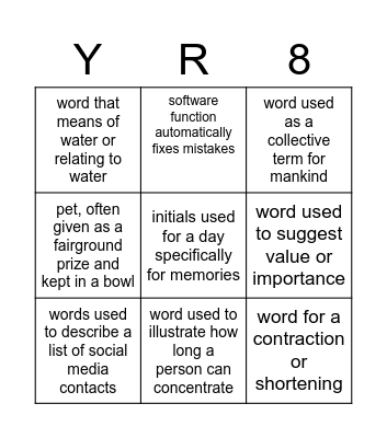 Vocabulary Bingo! Bingo Card