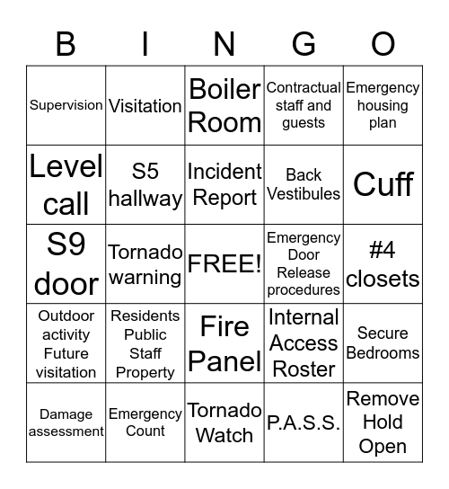 Emergency Procedures Bingo Card