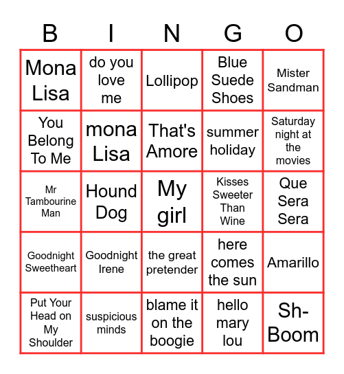 1950's MUSIC BINGO Card