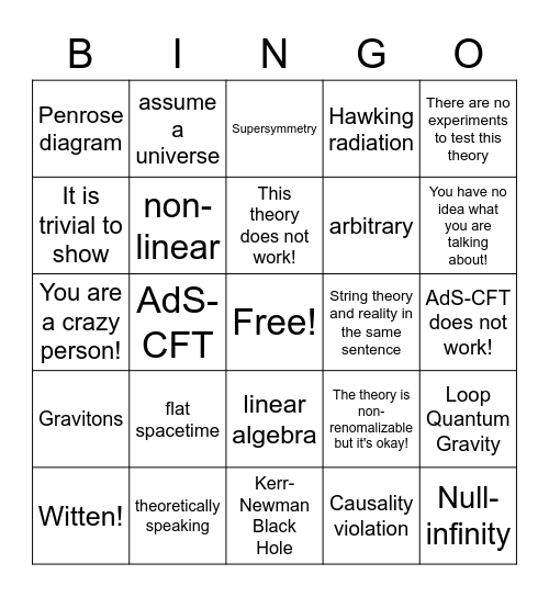 Quantum Gravity Bingo Card