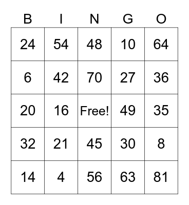 Multiplication Bingo Card