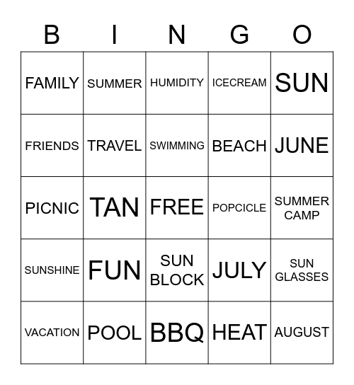 SUMMER TIME Bingo Card