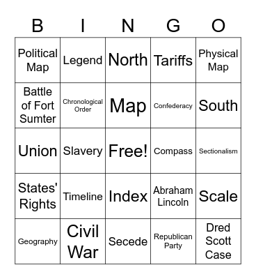 Civil War, Maps, and Timelines Bingo Card