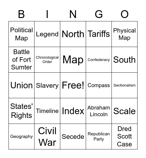 Civil War, Maps, and Timelines Bingo Card