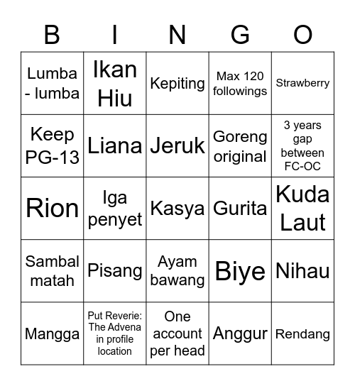 Bingo Reverie Bingo Card