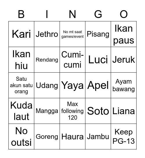 Bingo Kak Denis Bingo Card