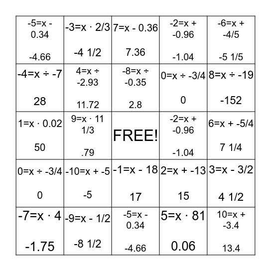 Egidio and Nick's Math Bingo Card