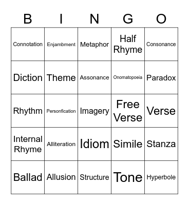 English 1 Bingo Card