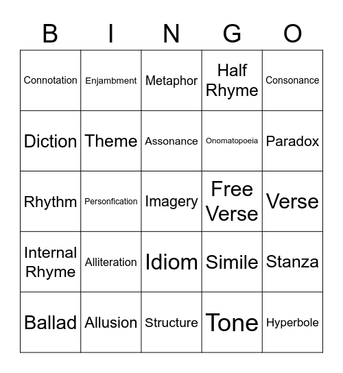 English 1 Bingo Card