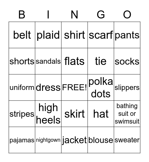 Clothing Bingo Card