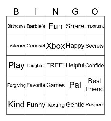 Friendship Bingo Card