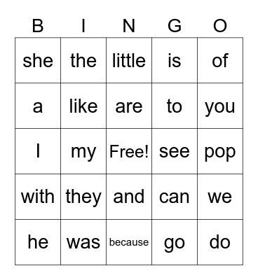 Popcorn word Bingo Card