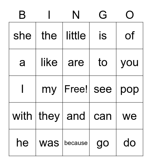 Popcorn word Bingo Card