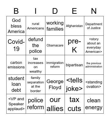 Biden's address to a joint session of Congress Bingo Card